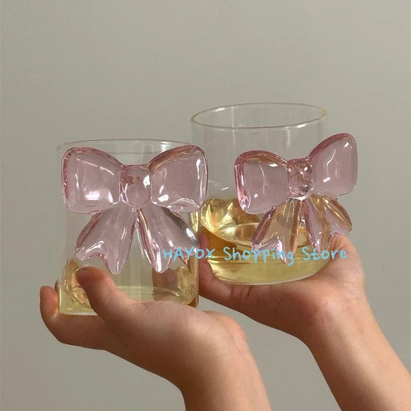 Tasse à café en verre rose résistant à la chaleur avec grand nœud, jolie tasse à glace pour boissons froides, légère et luxueuse, cadeau idéal