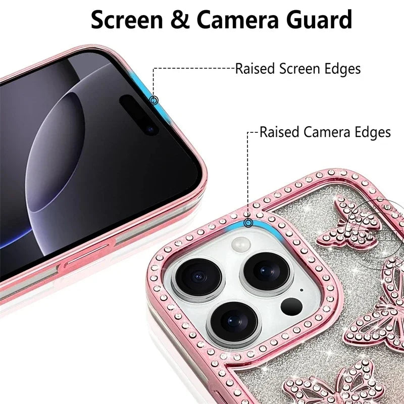Bling Rhinestone 3D Case For iPhone 16 15 14 13 12 11 Pro Max Plus Cover Diamond Butterfly Shiny Sparkle Girls Cute Woman Beauty