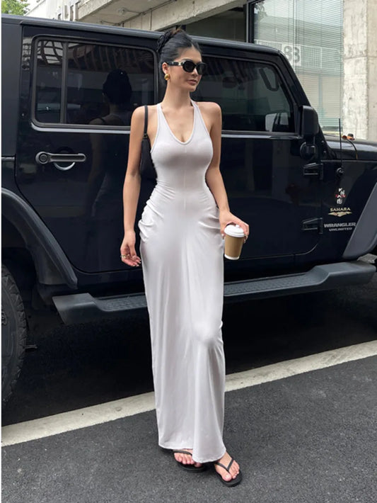 Spicy Girl V-neck Hanging Neck Sleeveless Dress Elegant Women's Summer New High Waist Slim Pleated Wrapped Hip Dresses ORPT