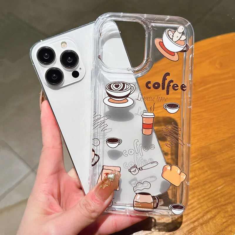 Multicolor Casual Coffee TPU Anti-Fall Clear Phone Case For iPhone 16 15 14 11 12 13 Pro Max Mini 7 8 Plus X XR XS SE 2020 Cover