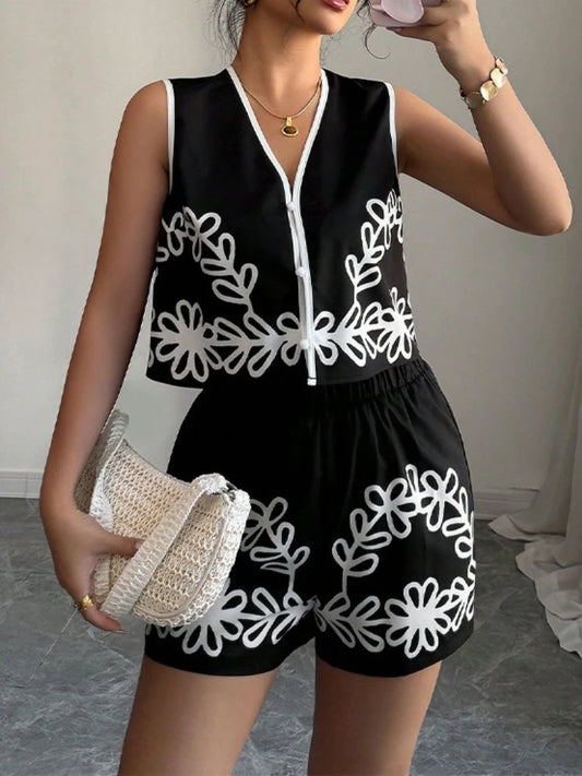 Summer 2025 Vacation Trends Stylish Print V-neck Vest+shorts Two-piece Suit New Summer Casual Slim Office Lady Short Sets