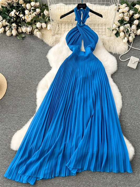 SINGREINY Vacation Halter Pleated Dress Hollow Out Backless Solid Women Sexy Chic Sundress Irregular Long Beach Party Vestidos
