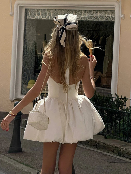 2025 Sexy Bubble Hem Mini Dresses Lady Elegant Backless Sleeveless Party Wear Women's Solid Neck Cinched Waist Summer Vestidos