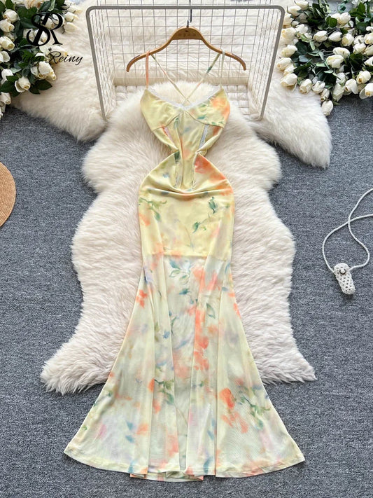 SINGREINY Summer Floral Mesh Long Dress Female Lace Splice V Neck Sleeveless Print Design 2025 Beach Hotsweet Backless Dress