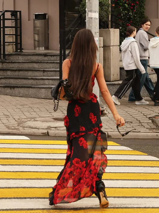 CNYISHE Camisoles Mesh Patchwork Prints Sheer Irregular hemline Trendy Chic Sheath Women Dresses Sexy Club Streetwear Female