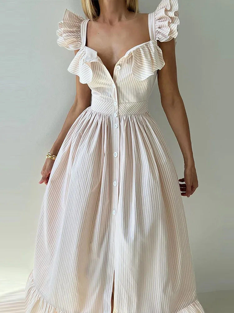 Flying Sleeves Striped Flounce Halter Dress Woman Waist Cinching Single Breasted A-Line Robes Chic Fashion Women's Long Dresses