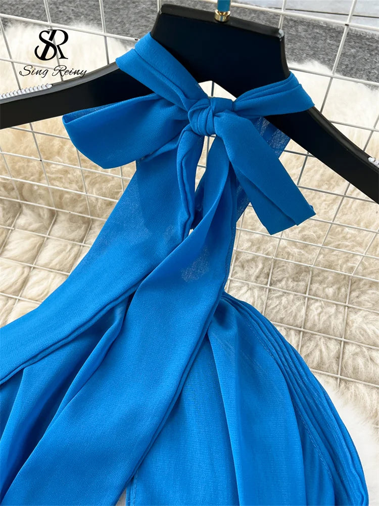SINGREINY Vacation Halter Pleated Dress Hollow Out Backless Solid Women Sexy Chic Sundress Irregular Long Beach Party Vestidos