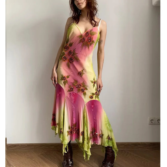 Veitche – Robe longue en mousseline de soie imprimée, volantée, paillettes irrégulières, épaules dénudées, col en V, nouvelle collection été 2025