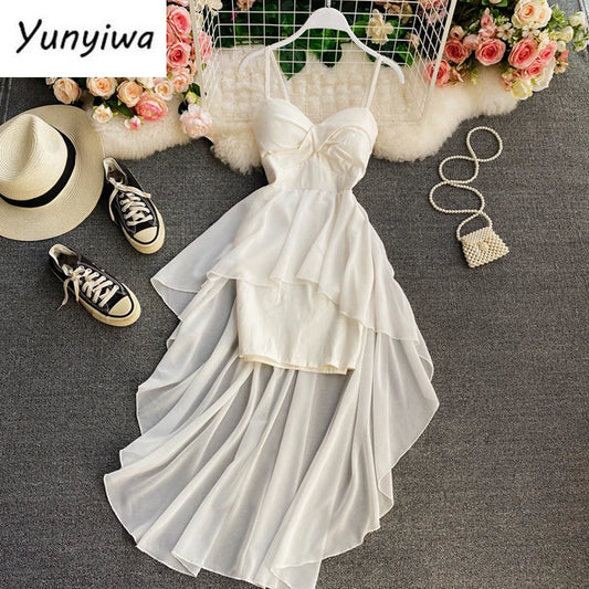 Ins Fashion Slim High Waist Asymmetrical Women Dress 2021 New Summer Elegant White Black Party Dress Ladies Dresses