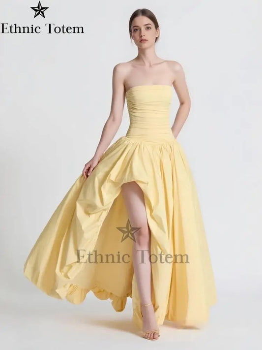 Womens Yellow Evening Dress Fashion Strapless A-line Bubble Hem Slim Robes Summer Lady Party Dresses vestidos 2025