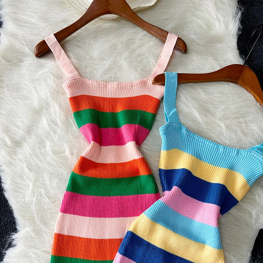 Robe longue moulante en tricot arc-en-ciel pour femme, tenue d'été chic et élastique, style streetwear, style portefeuille, style années 2000