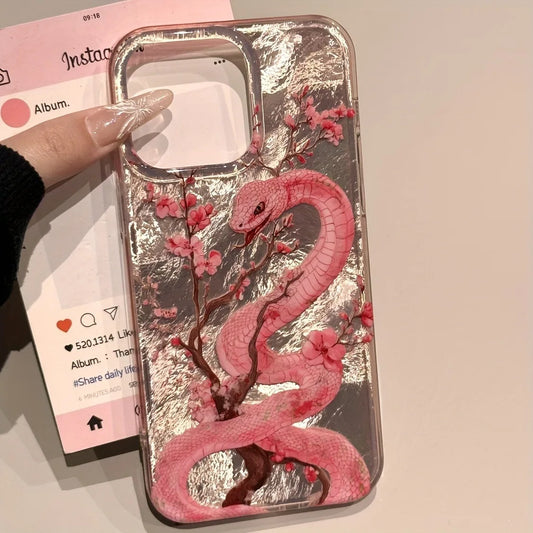 Illustration Plum Blossom Pink Snake Phone Case For iPhone 16 Pro Max 15 14 Plus 13 12 11 XS X XR 7 8 16 Plus SE 2022 16e Cover