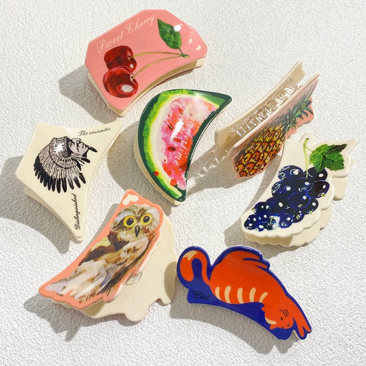 Pince à cheveux en plastique pour femme, motif géométrique irrégulier, cerise, ananas, chat, imprimé, fruits, accessoires de fête