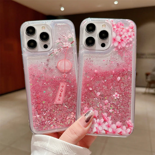 Peach Blossom Glitter Quicksand Case for iphone 16 15 14 13 Pro Max 16PRO Soft Protective Dynamic Liquid Cell Phone Cover Shell