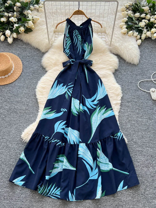 SINGREINY Women Print Vacation Dress Lace Up Design French Sleeveless Halter Dresses 2025 Summer Senior Beach Long Sundress