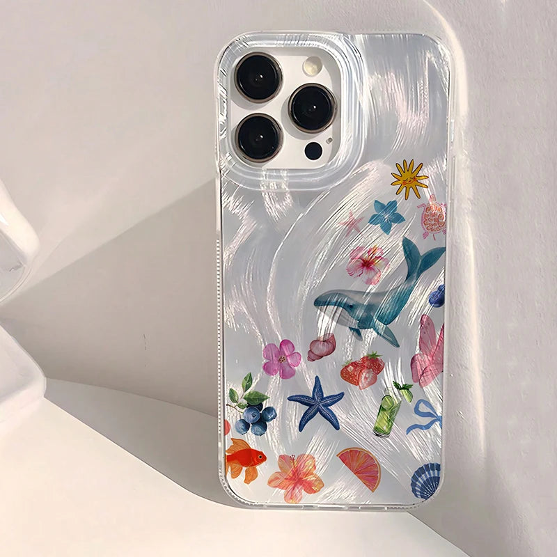 Seashell Starfish Pattern Phone Case For iPhone 11 13 14 15 16 Pro Max 16E 7 8 14 15 Plus X XS Max XR SE2 Feather Texture Cover