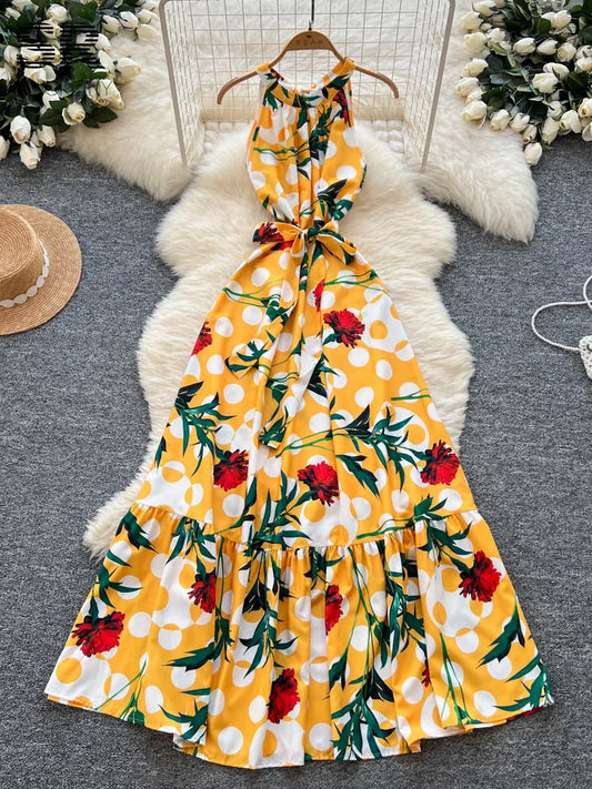 SINGREINY Women Print Vacation Dress Lace Up Design French Sleeveless Halter Dresses 2025 Summer Senior Beach Long Sundress
