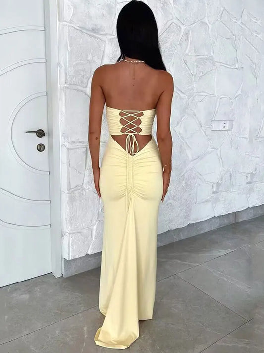 GACVGA Strapless Backless Lace-up Maxi Dress For Women 2024 Summer Off-shoulder Sleeveless Sexy Bodycon Club Party Long Dress