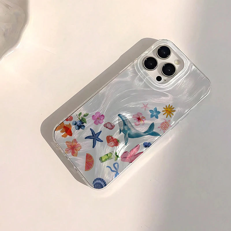 Seashell Starfish Pattern Phone Case For iPhone 11 13 14 15 16 Pro Max 16E 7 8 14 15 Plus X XS Max XR SE2 Feather Texture Cover