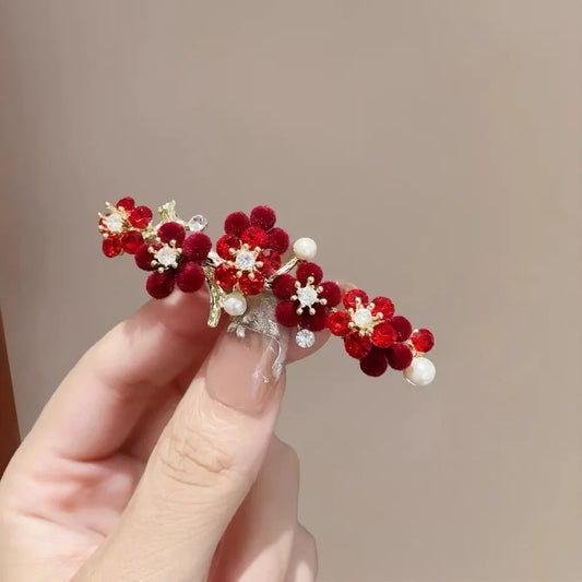 Retro Pearl Rhinestone Red Flower Hairpin Temperament Half-tied Spring Clip Female New Year Hair Accessories