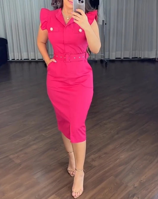 2025 Sexy Elegant Dresses for Women Turn-Down Collar Flutter Sleeve Button Decor Front Slit Slim Fit Mid-Calf Dress Work Bodycon