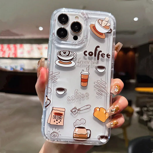 Multicolor Casual Coffee TPU Anti-Fall Clear Phone Case For iPhone 16 15 14 11 12 13 Pro Max Mini 7 8 Plus X XR XS SE 2020 Cover