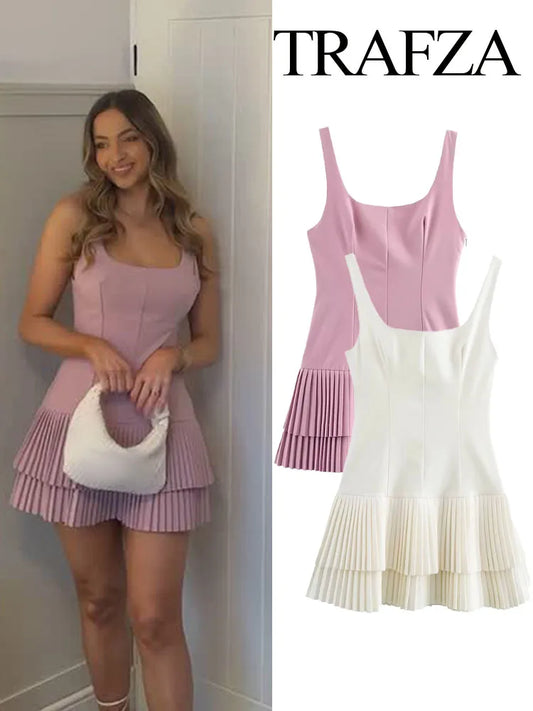 TRAFZA Women Summer Square Collar Sleeveless Solid Mini Dress Woman Elegant Chic High Street Slim Short Dress Pleated Dress