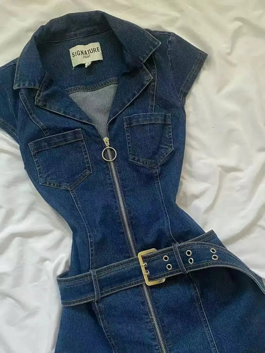 Korean Retro Blue Lapel Design Waist Slim Denim Zipper Dress Women's Y2K New Summer New Harajuku Gothic Street Sexy Spice Skirt