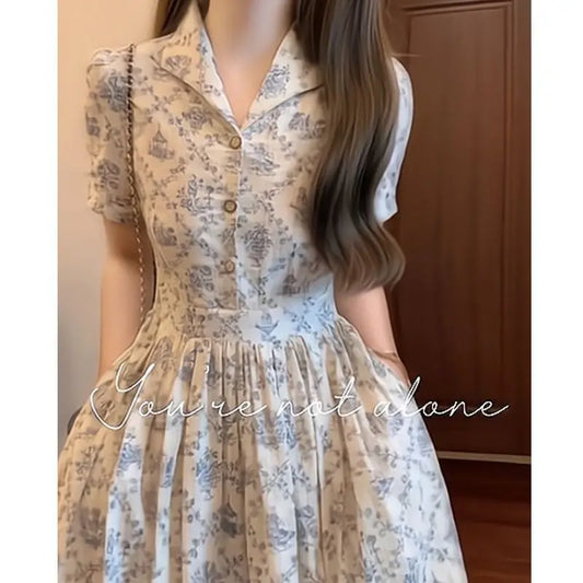 French Retro Floral Mid-length Style for Women with Waist-hugging and Short-sleeved A-line Dress