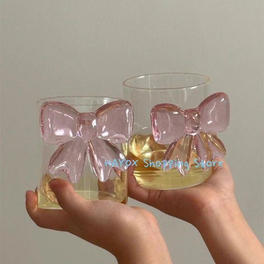 Pink Big Bow Glass Heat-resistant Coffee Cup Home Cute Cold Drink Ice Cream Cup Light Luxury Simple Glass Tableware Mug Gift