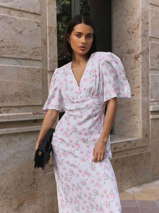 Wolfeel Summer Printed V-Neck Dress Women Fashionable Slim Fit Sexy Short Sleeves Long Skirt Temperament Office Women's Dress