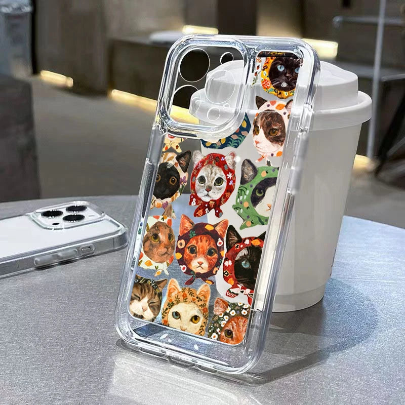 Cat Pattern Transparent TPU Shockproof Bumper Phone Case For iPhone 16E 16 15 14 13 12 11 Pro Max XS X 7 8 PLUS SE 2022 Cover