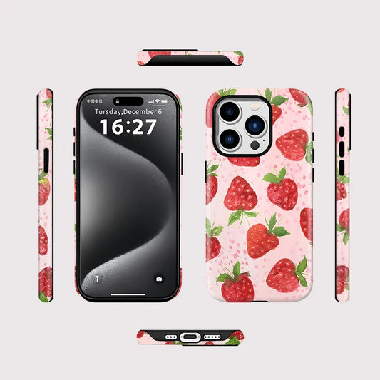 Cute Strawberry Pattern Case For iPhone 12 13 11 14 15 Plus 16 Pro Max Luxury 2 in 1 Magnetic Double-layer PC Back Cover