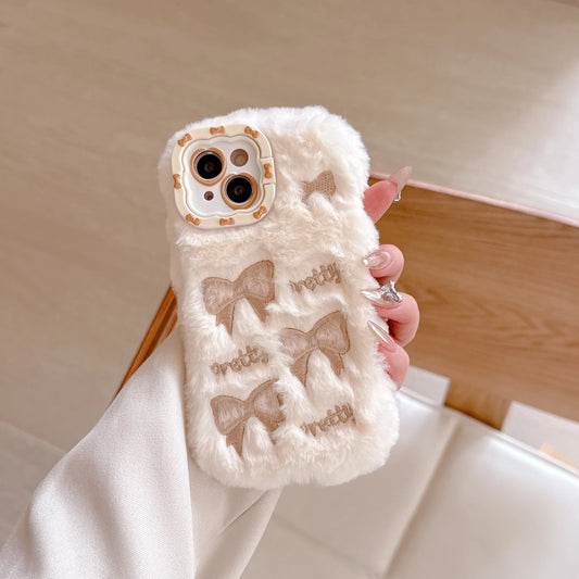 Cute Embroidered Bow Plush Phone Case for Girls Autumn Winter Furry Phone Case for iPhone 16 15 14 13 12 11 Pro Max