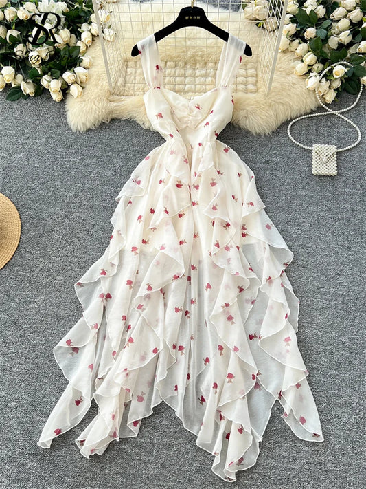 SINGREINY Beach Style Chiffon Dress Spaghetti Strap Sleeveless Floral Print Sweet Sundress Fashion Ladies Irregular Chic Dress