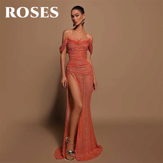 ROSES Orange Evening Dress Strapless Off The Shoulder Mermaid Party Dress Vestido De Novia Sexy Side High Split Pleat Prom Dress