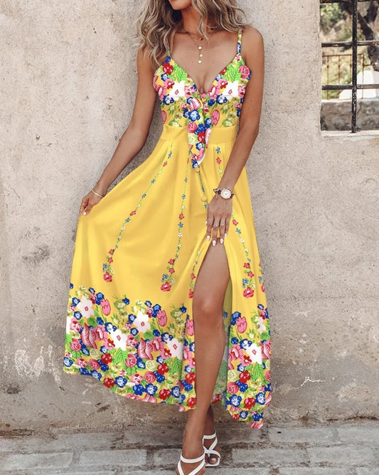 Robe longue à bretelles et œillets pour femme, motif feuilles ombrées, élégante, style hawaïen, sans manches, pour les vacances, été
