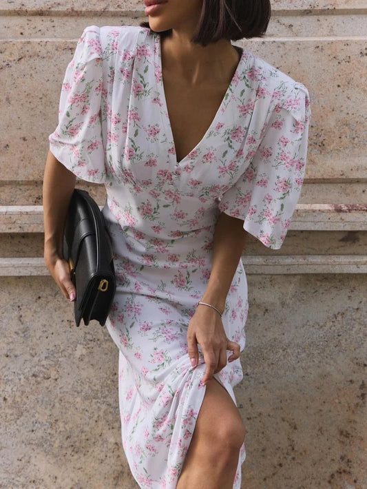 Wolfeel Summer Printed V-Neck Dress Women Fashionable Slim Fit Sexy Short Sleeves Long Skirt Temperament Office Women's Dress