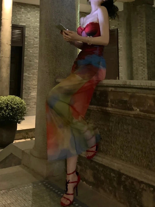 Weird Puss Colorful Print Maxi Dress Patchwork Lace Mesh Low-Neck Sleeveless Backless Summer Trend Vacation Clubwear Vestidos