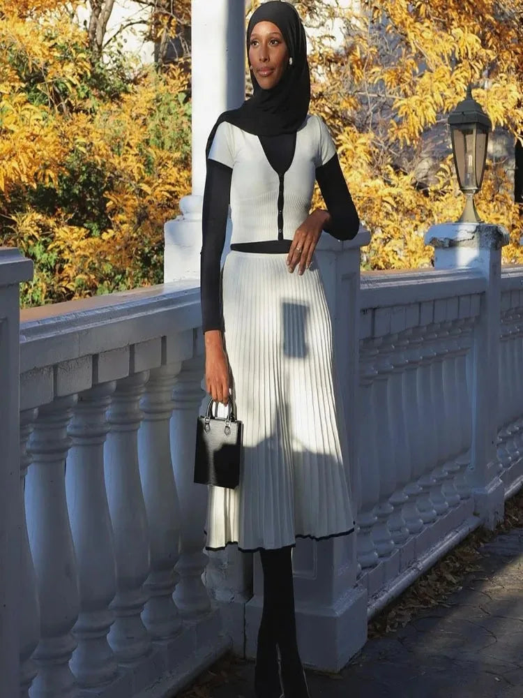 Été Femmes Blanc Longue Jupe Costume Manches Courtes Col V Crop Top Plissé Ensemble Élégant Robe 2 Pièces Jupe Ensemble
