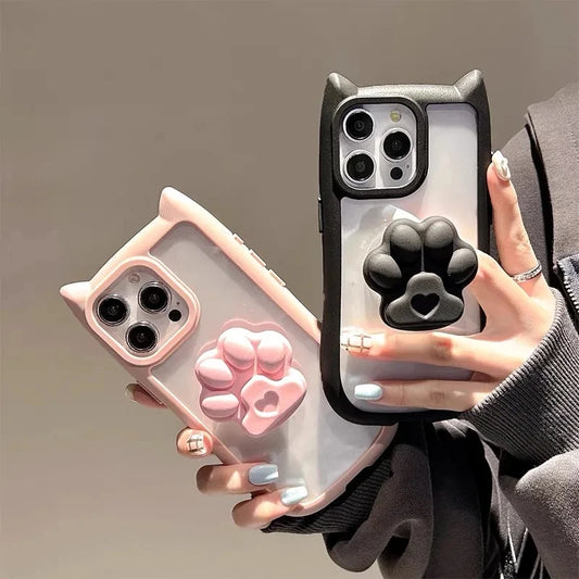 INS Cute 3D Cat Ear Claw Grip Tok Holder Phone Case for  iPhone 15 14 13 12 11 Pro Max Plus XR  Acrylic Transparent Cover