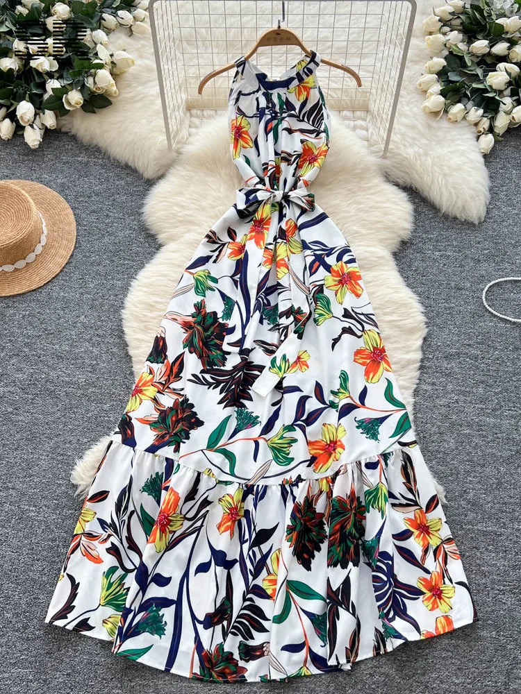 SINGREINY Women Print Vacation Dress Lace Up Design French Sleeveless Halter Dresses 2025 Summer Senior Beach Long Sundress