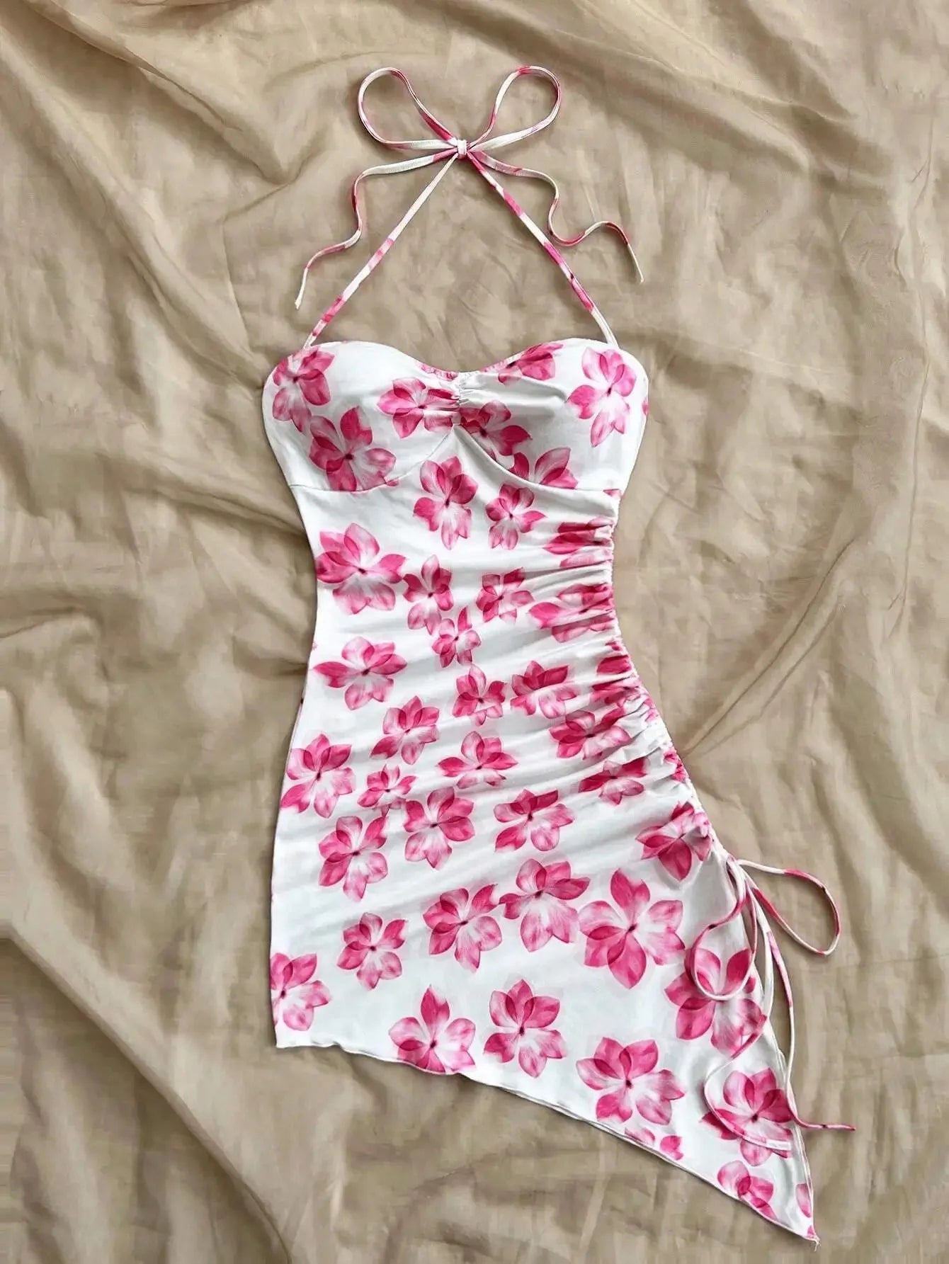 Sexy Strapless Floral Print Asymmetrical Hem Vacation Style Women's Dress Slim Fit Summer Clothing Sleeveless Fashionable