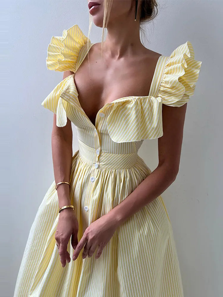 Flying Sleeves Striped Flounce Halter Dress Woman Waist Cinching Single Breasted A-Line Robes Chic Fashion Women's Long Dresses