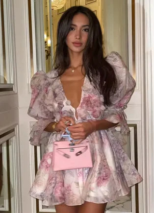 Elegant Pink Floral Printed Mini Vestido Women Chic Chiffon Full Sleeve Off Shoulder Layered Irregular Dress 2025 New Party Wear