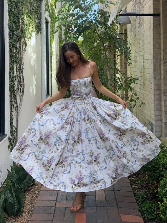 Elegant Floral Print Spaghetti Strap Dress Women Chic Slim Backless Sleeveless Pleated A-line Robe Lady High Waist Party Vestido