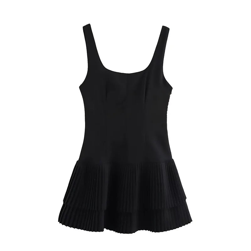 TRAFZA Women Summer Square Collar Sleeveless Solid Mini Dress Woman Elegant Chic High Street Slim Short Dress Pleated Dress