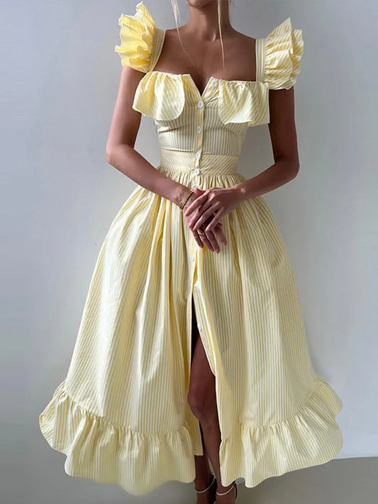 Flying Sleeves Striped Flounce Halter Dress Woman Waist Cinching Single Breasted A-Line Robes Chic Fashion Women's Long Dresses