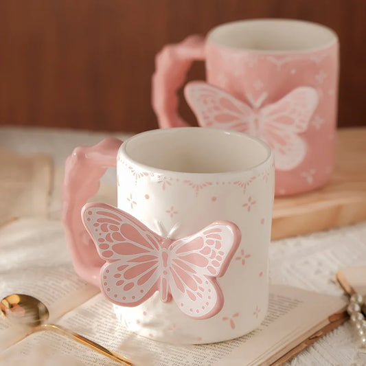 AhunderJiiaz Cute Creative Pink Butterfly Mug Cute Ceramic Couple Cup Household Cups Drinkware Set with Gift Box Coffee Mugs
