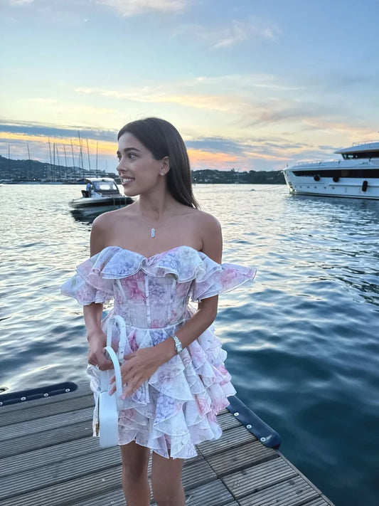 Elegant Holiday Pleated Print Mini Dress Fashion Women Off Shoulder Sleeveless High Waist A-line Gown Summer Party Club Vestidos